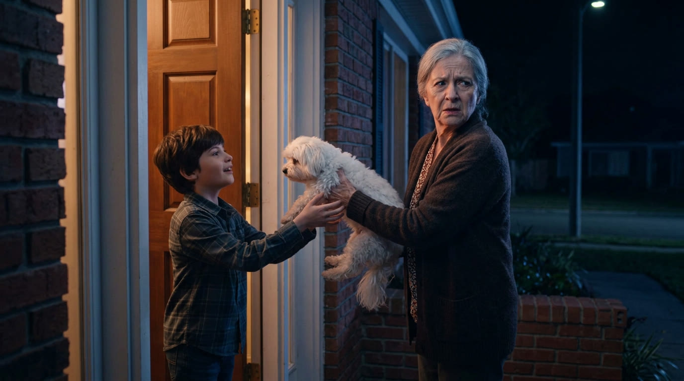 A boy reaching for his dog in the neighbor's arms at the doorway
