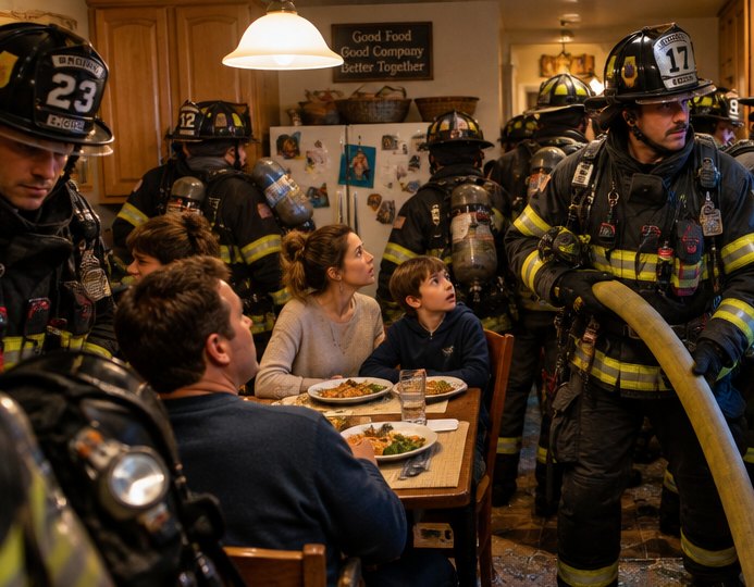 Firefighters packed into the kitchen around the family's dinner table