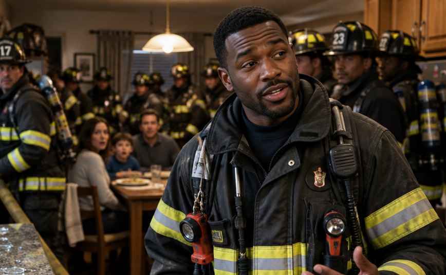 The lead firefighter turning to deliver his line, the crew and family behind him