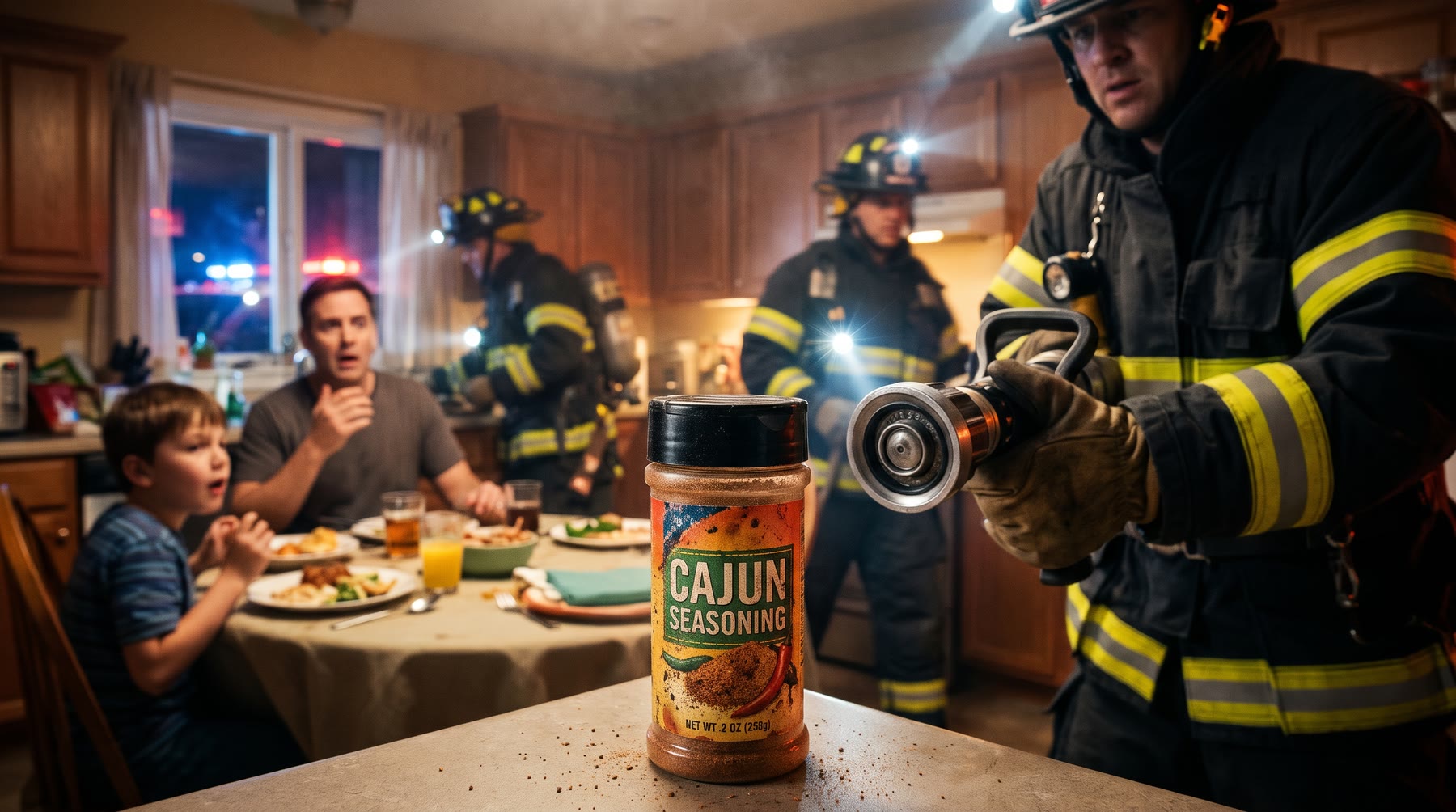 A fire hose nozzle stops inches from a seasoning bottle on the dinner table