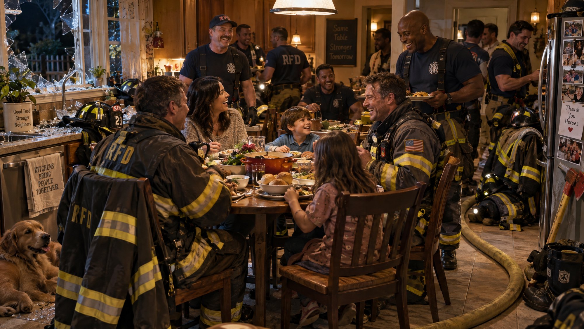 The fire crew eating dinner with the family in the wrecked kitchen